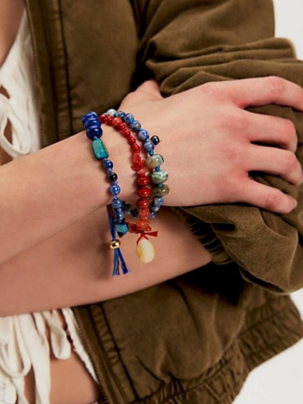 Free People NWT natural rocks glass beaded colorful boho bracelet New
